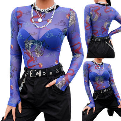 

Women Sheer Mesh Crop Top Long Sleeve Crew Neck See-through T-Shirt Blouse Sexy