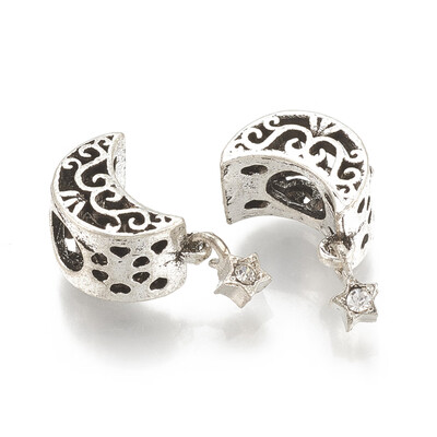 

Alloy European Beads Large Hole Beads with Rhinestone Moon&Star Antique Silver Crystal 18mm Hole 45mm