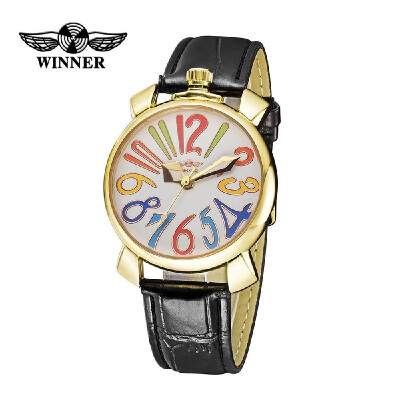 

WINNER Fashion Women Automatic Mechanical Watch Self-winding Eye-catching Skeleton Hollowed-out Wristwatch with Colorful Hour Mark