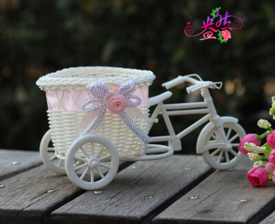 

Home decoration simulation rattan weaving small three wheeled bicycle wagon plastic cart flower pot flower basket decoration
