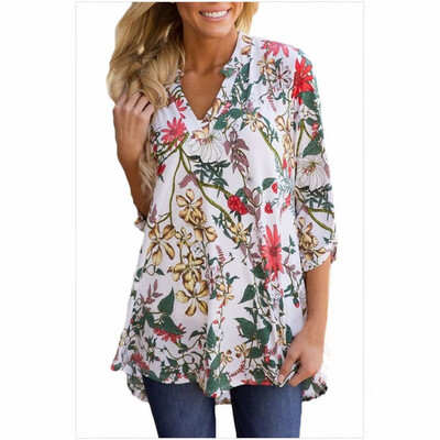 

V-neck long sleeve front short long bohemian printed shirt top