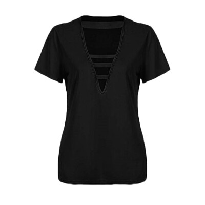 

Sexy t shirt women Deep V tshirt women Hollow Solid Color Wild Shirt Female Chest Hollow T-shirt