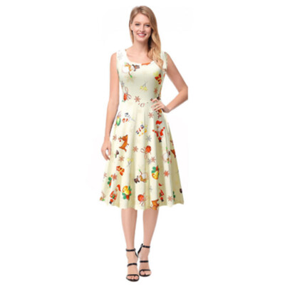 

Gobestart Women Christmas Print Floral Sleeveless Vintage Tea Ball Gown Dress Plus Size