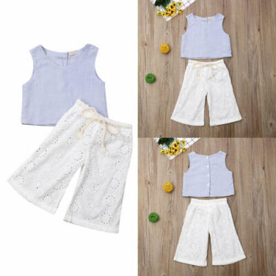 

US Toddler Kids Baby Girl Linen Tops Hollow Trousers Pants Summer Clothes 2PCS