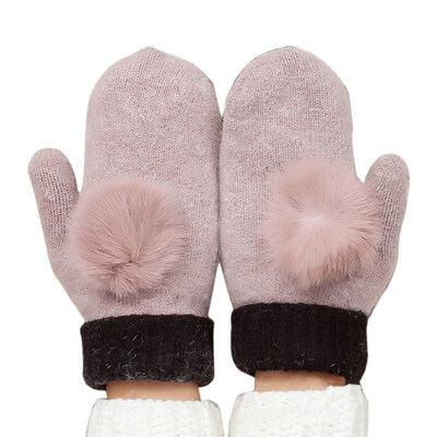 

Fashion Cute Women Winter Thicken Warm Wool Rabbit Fur Ball Mittens Gloves