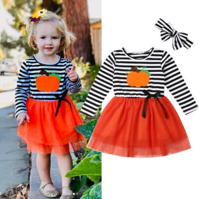 

US Cute Kids Baby Girls Halloween Dress Long Sleeve Striped Tulle Party Dresses