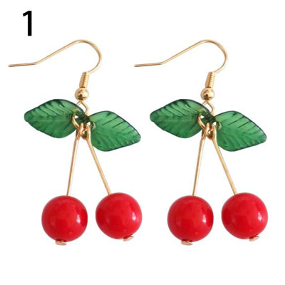 

Sweet Fruit Green Leaf Red Cherry Dangle Women Ear Hook Clip Earrings Jewelry