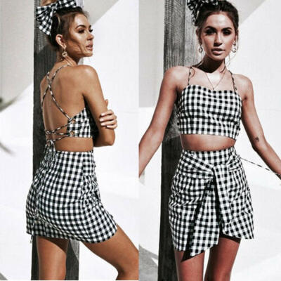 

Fashion Women 2 Piece Set Bodycon Skirt Outfit Crop Top Summer Bandge Mini Dress