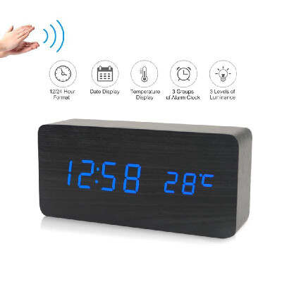 

Electronic LED Digital Wooden Alarm Clock Time Temperature Date Display Desktop Clock 3 Levels Brightness Voice Control USB Char