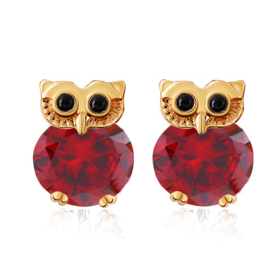 

Real Gold Plated Brass Owl Cubic Zirconia Stud Earrings DarkRed 14x10mam