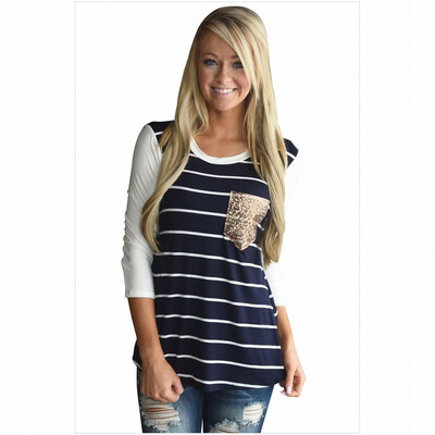 

Round neck cropped sleeves with sequined pockets casual straight top