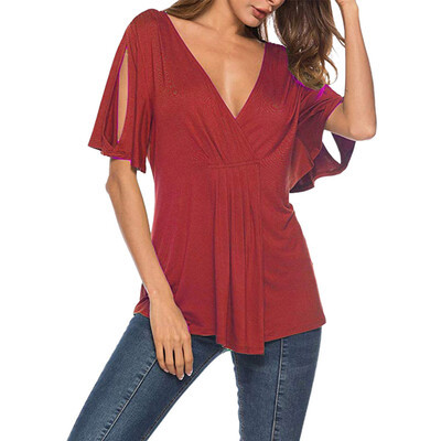

Starmoon Womens Deep V Neck Blouse Cold Shoulder Sexy Tops Short Sleeve Summer Shirts