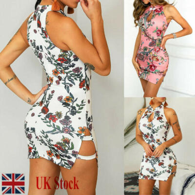 

Summer Women Sexy Floral Mini Dress High-slit Sleeveless Casual Bodycon Dress