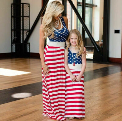 

July 4th American Flag Mother Daughter Matching Cloth Women Kids Long Maxi Dress