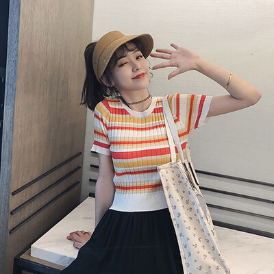

Womens Pullover Casual Round Neck Striped Short Sleeve Slim Knitted Striped Top T-Shirt