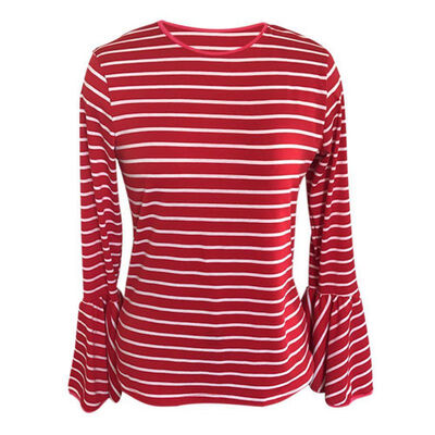 

Spring Autumn Ladies Long Petal Sleeve T-shirt Women Red White Striped Round Neck T shirt Casual Tops