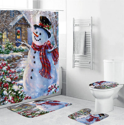 

Gobestart 4Pcs Christmas shower Curtain Bathroom Anti-slip Carpet Rug Toilet Cover Mat Set