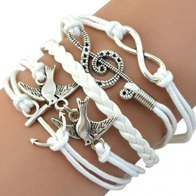 

Women Retro Infinity Skull Music Pigeon Faux Leather Charm Bracelet