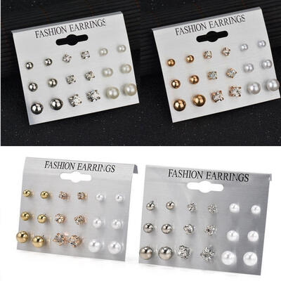 

9 Pair Fashion Rhinestone Crystal Pearl Earrings Set Women Ear Stud Jewelry Gift