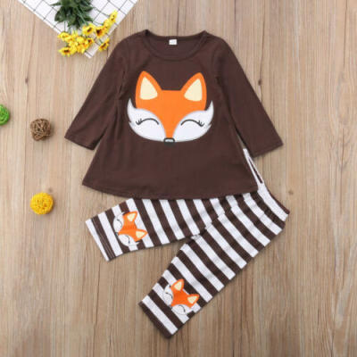 

Toddler Kids Baby Girls Fox Outfits T-Shirt Top Dress Striped Pants Clothes Set