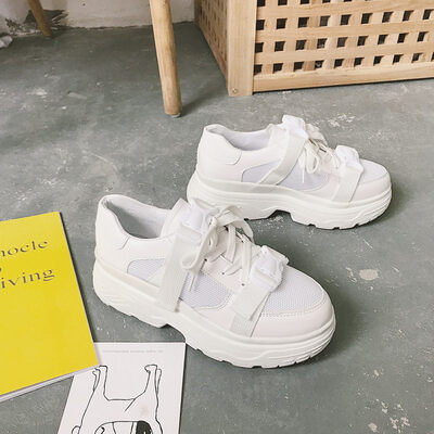 

LZJ Women Buckle Platform Casual Shoes Trend White Women Chunky Sneakers Mesh Breathable High Street Ladies Shoes