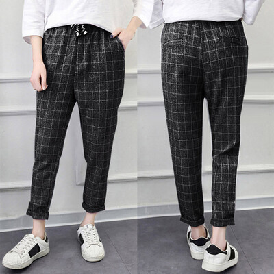 

Women Casual Plaid Elastic Waist Lace Up Loose Plus Size Full Length Pants