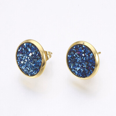 

Resin Stud Earrings with Golden Tone 304 Stainless Steel Findings Flat Round Druzy Resin MarineBlue 14515mm Pin 07mm