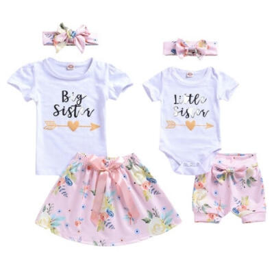 

New Baby Kids Girl Sister Clothes Romper T-shirt Skirt Pants Headband Outfit