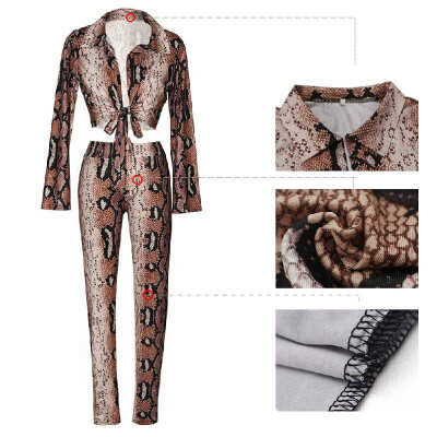 

Sexy Women Two-piece Set Snake Print Crop Top Deep V Neck Bandage Long Sleeve Long Pants Slim Bodycon Suits Khaki