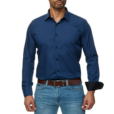 

Tailored Mens Euro-American Business Casual Pure Color Lapel Long Sleeve Shirt Tops