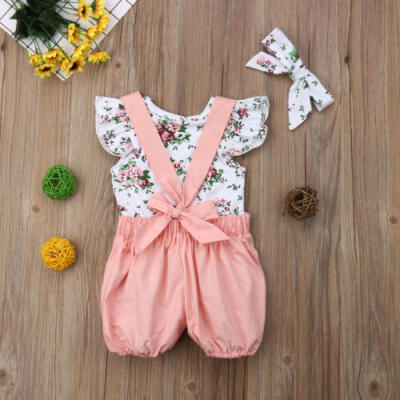 

US 3PCS Toddler Baby Girl Summer Floral Tops Bib Shorts Overalls Outfit Clothes