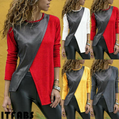 

Women Long Sleeve Loose Blouse T-Shirt Pullover Jumper Autumn Leather Tops Shirt