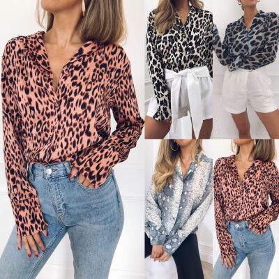 

Women Leopard Print Long Sleeve Blouses Autumn Casual V Neck Loose Tops T Shirts