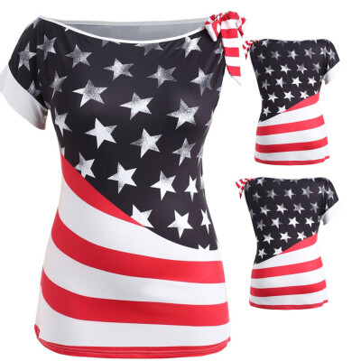 

Nomeni Plus Size Fashion Women O-Neck American Flag Printed T-Shirt Short Sleeve Blouse