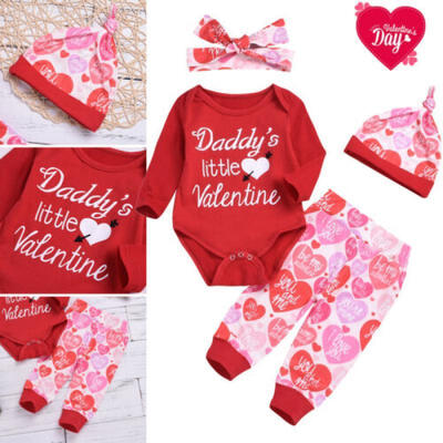 

Newborn Baby Girl Boy My 1st Valentines Day Outfits Tops RomperPants Hat Set