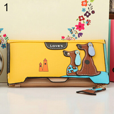 

Women Long Faux Leather Dog Pendent Wallet Double Zip Hasp Purse Card Holder Bag