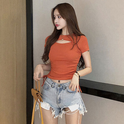 

Slim Sexy T-Shirt Womens T Shirts Casual Summer Short Sleeve Hollow Out O-Neck Solid Color Pullover Tee Tops Slim T-Shirt