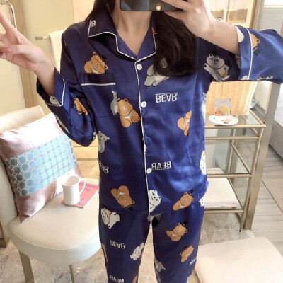 

Women Luxury Silk Satin Pajama Sets Long Sleeve Print Pyjamas Sleepwear Homewear