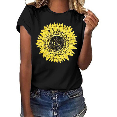 

Starmoon Women Summer Sunflower Printing Pockets Short Sleeve Shirt Casual Tunic Tops Blo