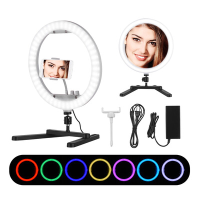 

13 Inch Selfie Desktop LED Ring Light RGB Color Light 35W Dimmable Fill Light 3200K-7000K with Mirror Table Bracket Stand Phone Ho
