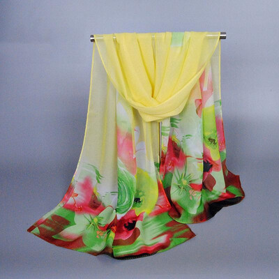 

New Fashion Women Chiffon Scarf Contrast Colorful Flower Print Longline Thin Pashmina Shawl