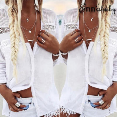 

Fashion Women Loose Long Sleeve Lace Tops Solid Casual Blouse T-Shirt