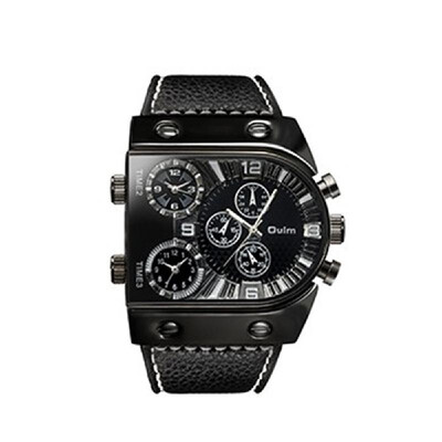 

OULM Men Three Time Zones Leather Band Quartz Watch Cool Big Dial Analog Wrist Watches