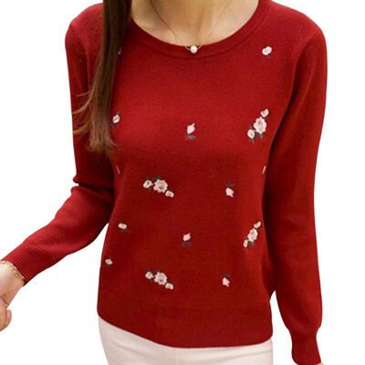 

Autumn Winter Women Fashion Slim Plum Embroidery Round neck Bottoming Sweater Long-sleeved Pullover