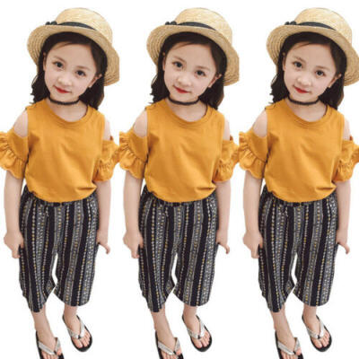 

Toddler Kids Baby Girls Off Shoulder Tops Striped Long Pants Outfits Clothes UK