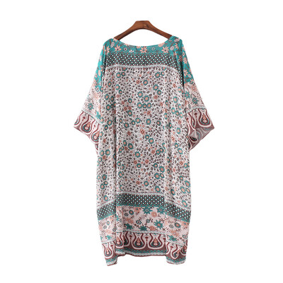 

Vintage Women Chiffon Kimono Cardigan Floral Print Boho Loose Outerwear Beachwear Bikini Cover Up Green