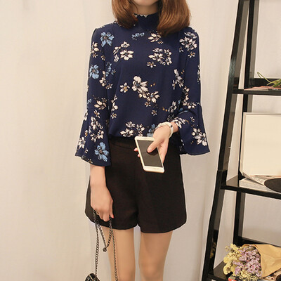 

Womens Loose High Neck Office Tops Casual Floral Printed Bell Sleeves Blouse
