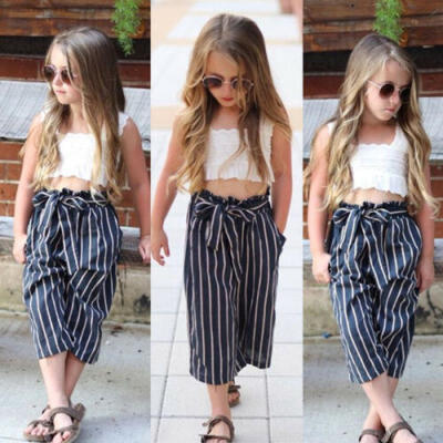 

Kids Baby Girls Lace Striped Crop Tops T-shirt Long Pants Outfits Clothes Summer