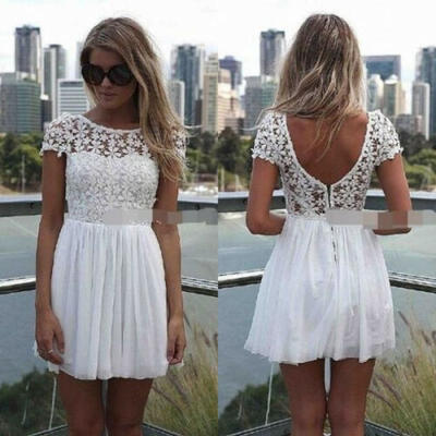 

Women Summer Beach Short Mini Dress Lace Floral Short Sleeve Evening Party Gown