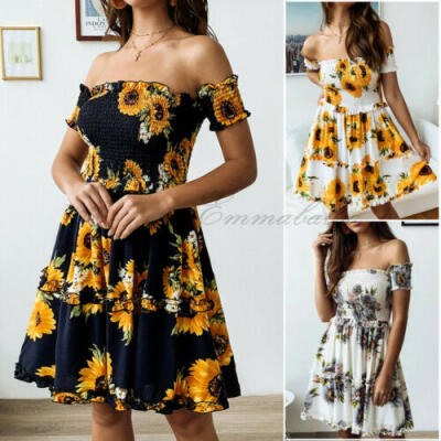 

Womens Boho Floral Chiffon Summer Party Evening Beach Short Mini Dress Sundress